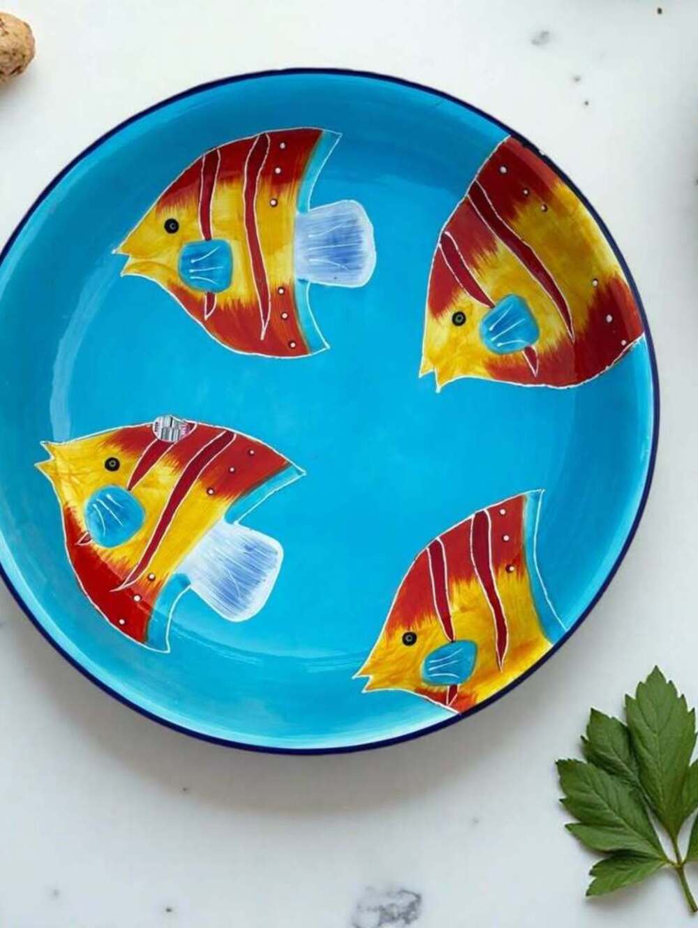 Hand-Painted Tropical Ceramic Platter Blue Multi-color